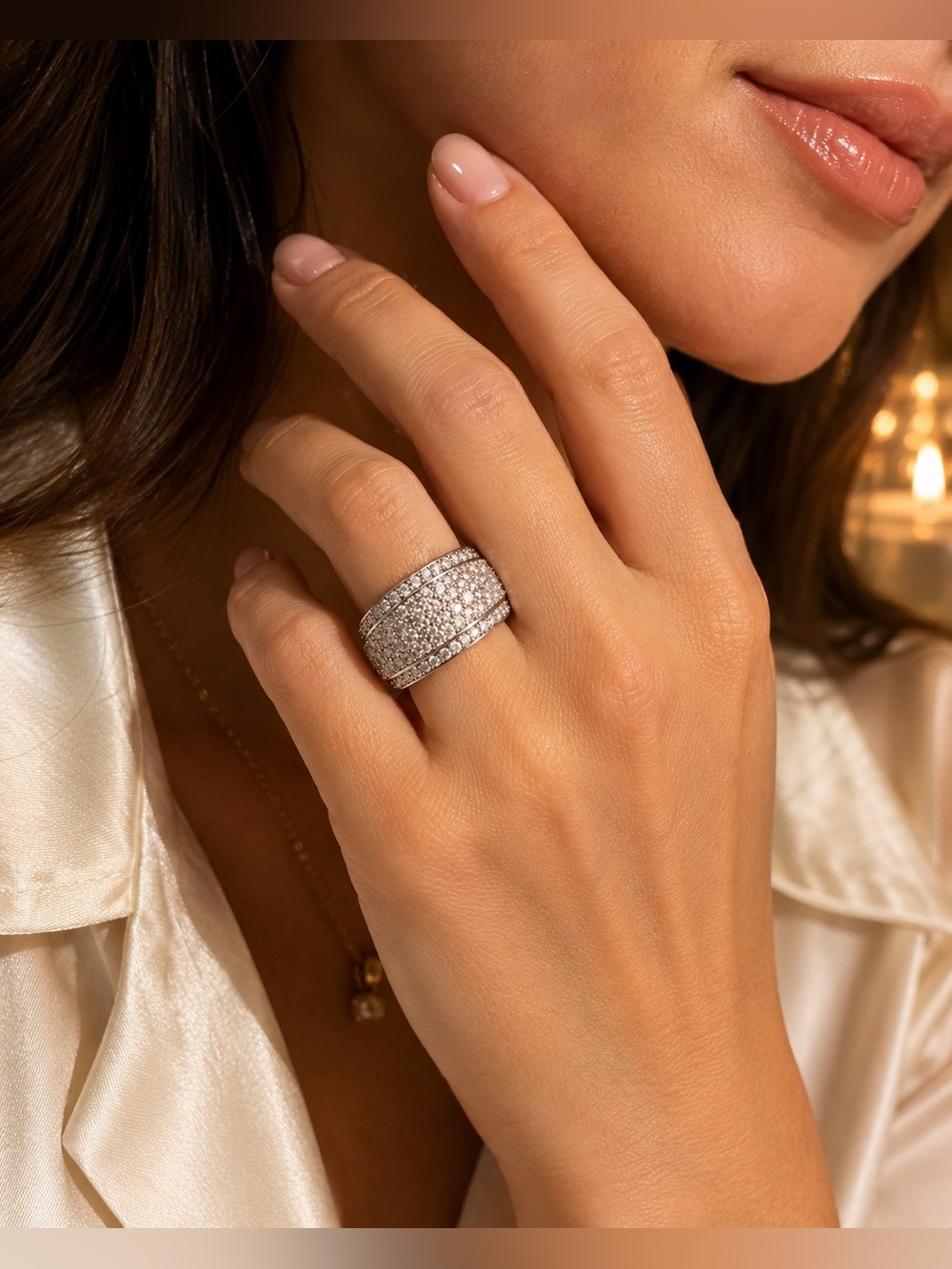 Wide Pavé Crystal Rhinestone Statement Band Ring Silver Tone Size 10 - Picture 2 of 8